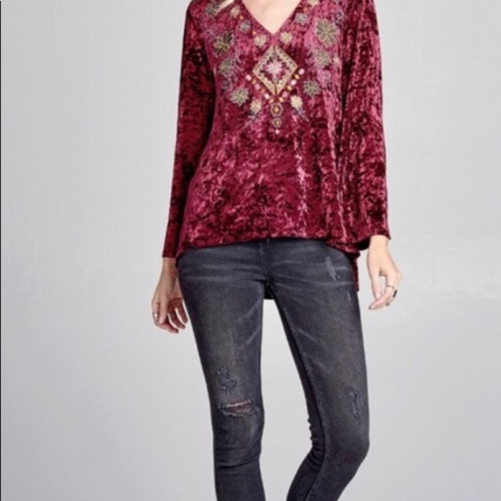 3/$30 Cranberry Bohemian Crushed Velvet Top - Picture 6 of 8